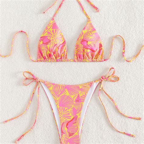 Swim Mod Summer Beach Allover Print Bikini Set Halter Triangle Bra