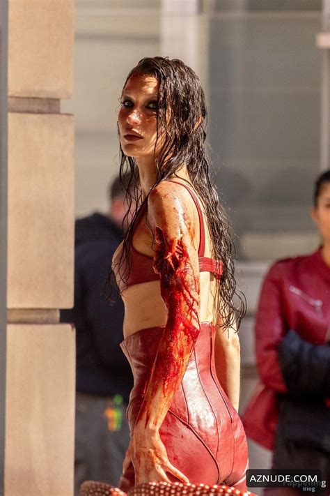 Bella Hadid Sexy Spotted Wearing A Hot Red Leather Catsuit As She Films The Beauty Series Aznude