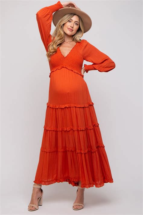 Rust Smocked Ruffle Tiered Maternity Maxi Dress Pinkblush