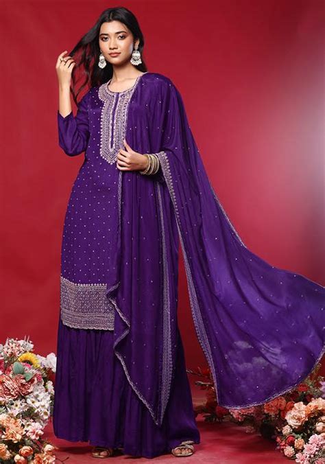 Buy Women Purple Sharara Set With Hand Work Kurta And Dupatta Sharara