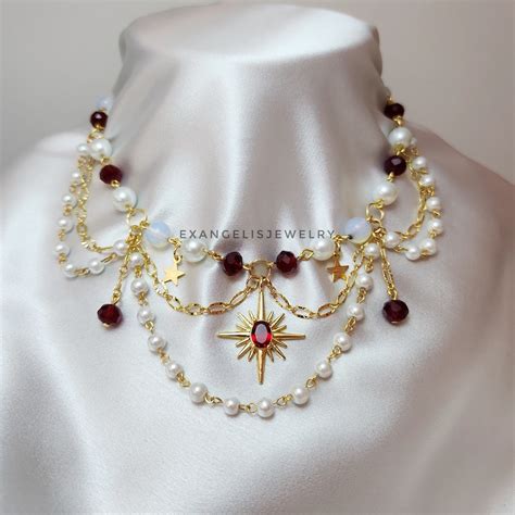 Red White Beaded Fairycore Necklace With Gold Plated Sirius Star