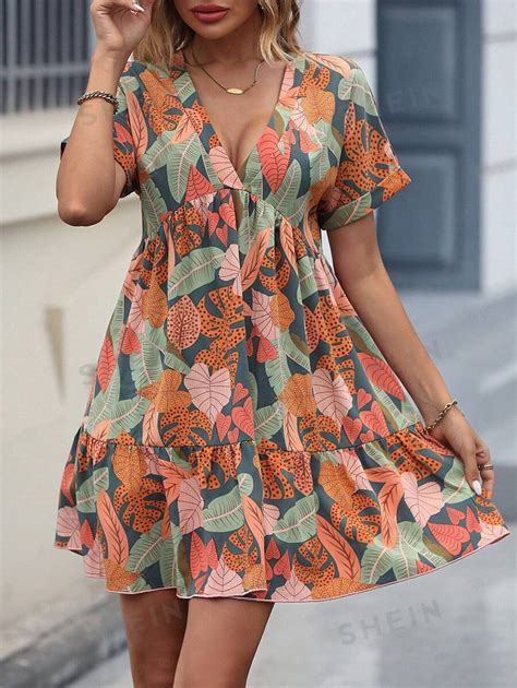 Shein Vcay Vestido Smock Con Estampado Tropical De Manga Murci Lago