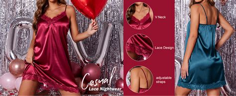 Ekouaer Women S Nightgown Satin Nightgowns For Women V Neck Lace Chemise Sleepwear Soft Lingerie