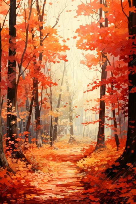 Autumn forest landscape with path and falling leaves Digital painting ...