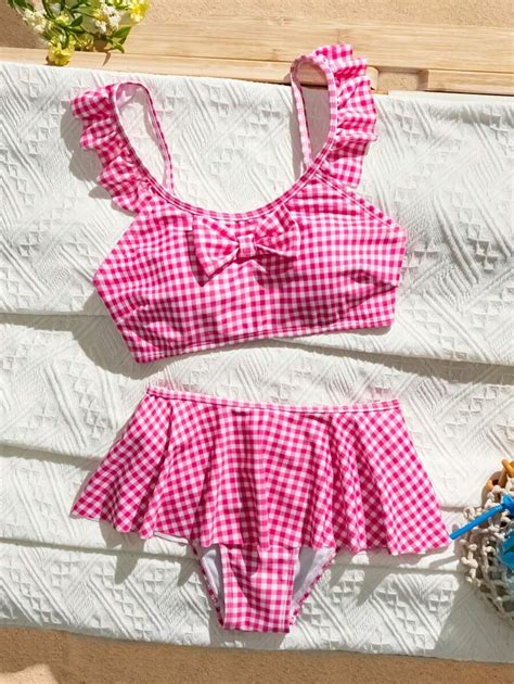 Swim Mod Conjunto de Maiô Bikini Fofo Laço Xadrez e Babado para