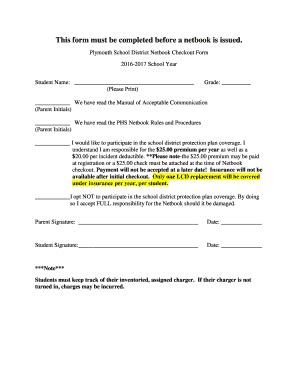 Fillable Online Plymouth School District Netbook Checkout Form Fax