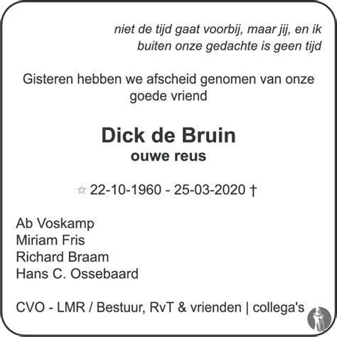 Dick De Bruin 26 03 2020 Overlijdensbericht En Condoleances Mensenlinq Nl