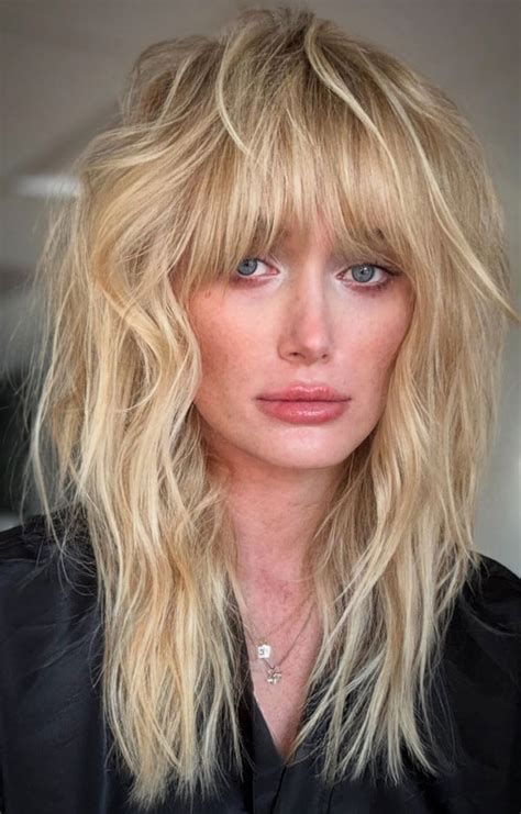 Low Maintenance Mid Length Haircuts Blonde Shag With Full Fringe