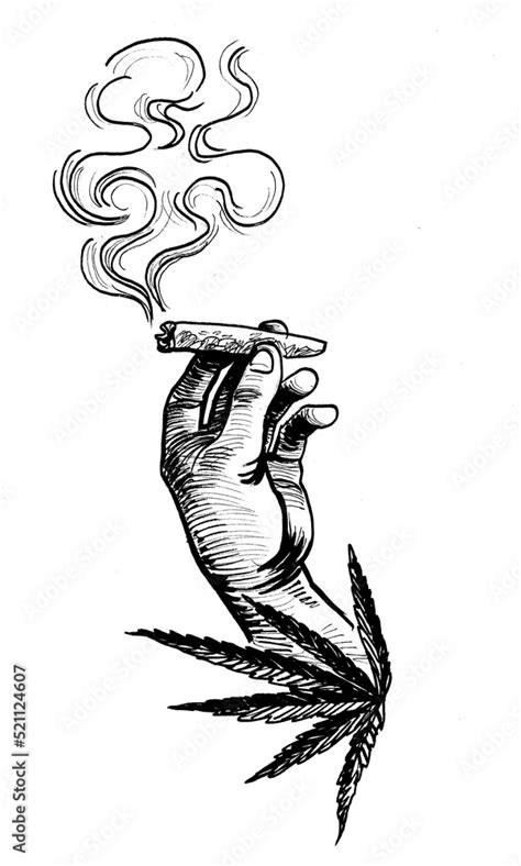 Hand with a marijuana joint and cannabis leaf. Ink black and white drawing Stock Illustration ...