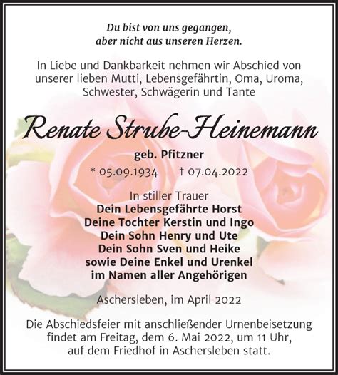 Traueranzeigen Von Renate Strube Heinemann Abschied Nehmen De