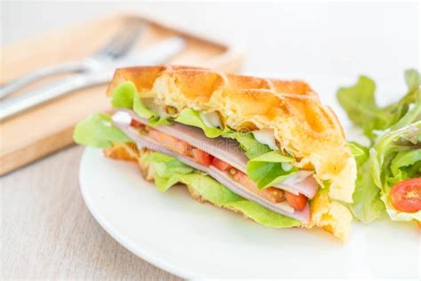 Waffle ham cheese sandwich stock photo. Image of bakery - 110254932