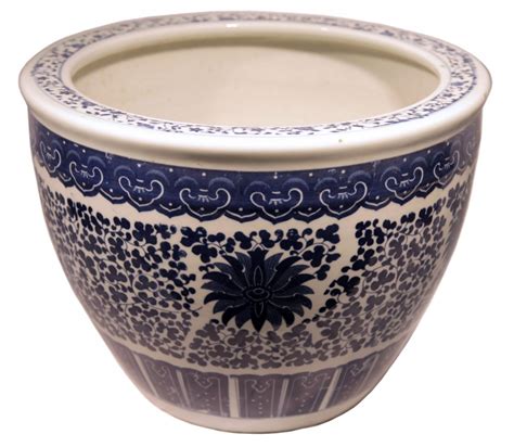 Blue And White Porcelain Planter In Chinese Floral Design Oriental