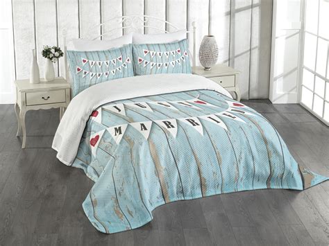 Ambesonne Blue Quilted Bedspread Set 3 Pcs Just Married On Wood Door