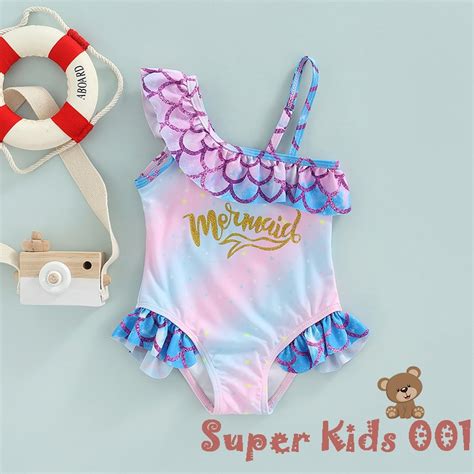 SK001 Girls One Piece Bikini Fish Scale Ruffle Embellishment Asymmetrical Straps Bronzing
