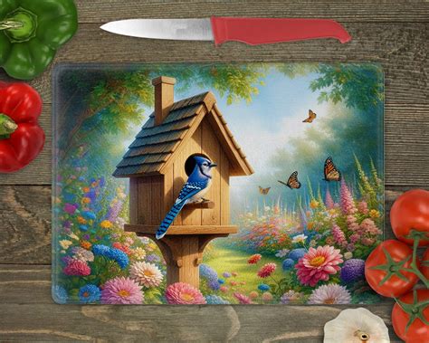 Glass Cutting Board Sublimation Birdhouse In Flower Garden 15 5 X 11 25