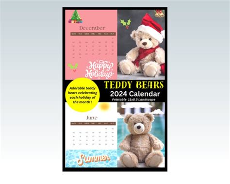 teddy bear calendar  printable etsy