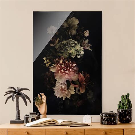 Blumen Mit Nebel Auf Schwarz Glasbild Im Hochformat Bilderwelten