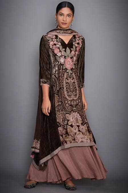 Buy Brown Silk Velvet V Neck Embroidered Kurta Palazzo Set For Women By