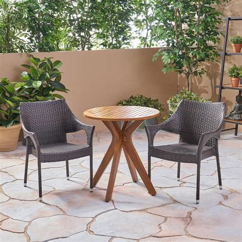 Noble House Bryant Multi Brown 3 Piece Wood And Faux Rattan Outdoor