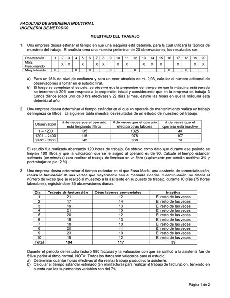 G6 Guía Ejercicios Muestreo Del Trabajo Página 1 De 2 Facultad De Ingenieria Industrial