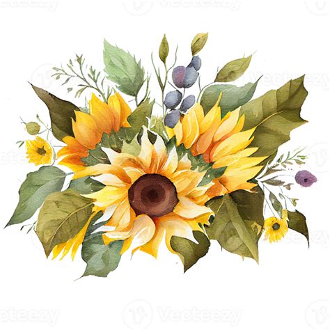 Watercolor Floral Bouquet Composition With Sunflower Png Transparent