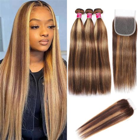 Amazon 4 27 Ombre Human Hair Bundles With Closure 4x4 Brown Blonde Ombre Straight Human