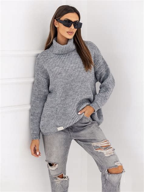 Golf damski wełniany moher sweter oversize szary 14511339891 Allegro pl