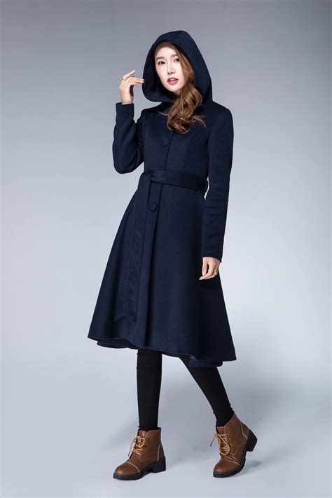 Wool Coat With Hood, Belted Coat, Navy Blue Coat, Mod Coat, Hooded Wool ...