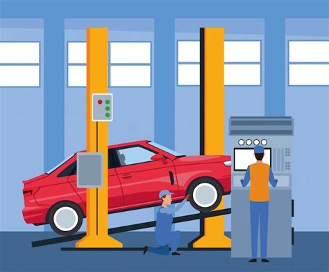 Taller de reparación de automóviles con mecánicos trabajando en la