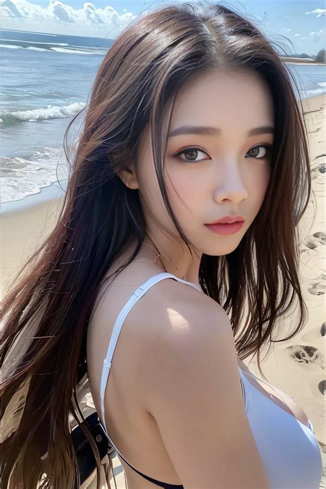 A Woman In A White Bikini Posing On The Beach SeaArt AI
