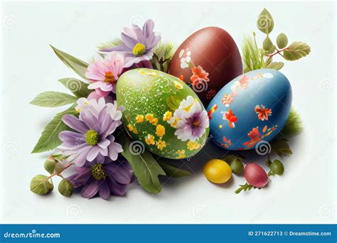 Huevos De Pascua Coloridos Con Flores De Primavera En Flor Aislado