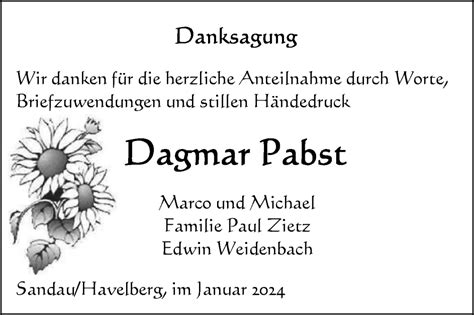 Traueranzeigen Von Dagmar Pabst Abschied Nehmen De