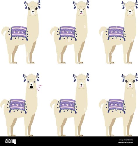 Cute cartoon llama with traditional colorful blanket, different ...