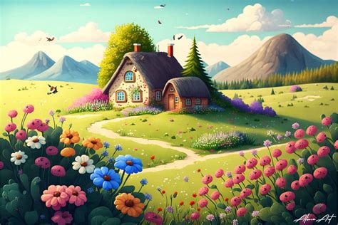 Cute Landscape Big Grass Wild Flowers Graphic by Alone Art · Creative ...