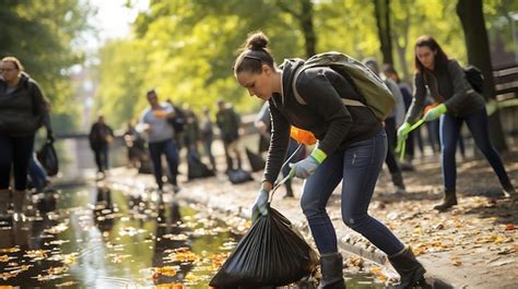 Premium Photo Generative AI Group Of People Picking Up Trash In The