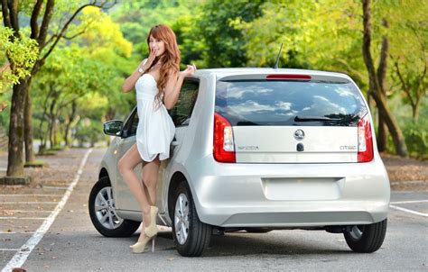 Wallpaper Road Auto Look Girls Asian Beautiful Girl Skoda Posing