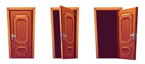 Cartoon Set Of Open Closed Classic Wooden Door Vector Art At