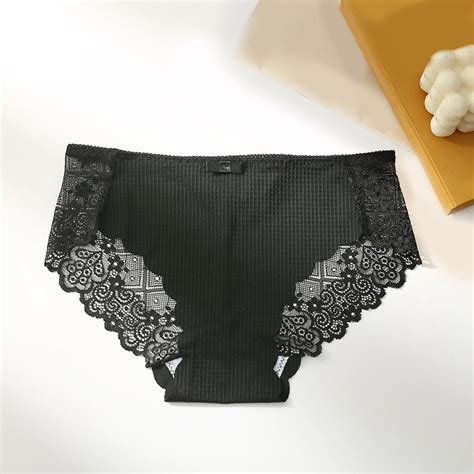 Sexy Women Underwear Ice Silk Lace Mid Waist Breathable Panties Bikini Briefs Hollow Cotton