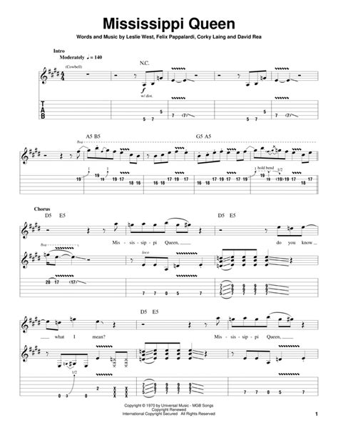 Mississippi Queen By Mountain Electric Guitar Digital Sheet Music