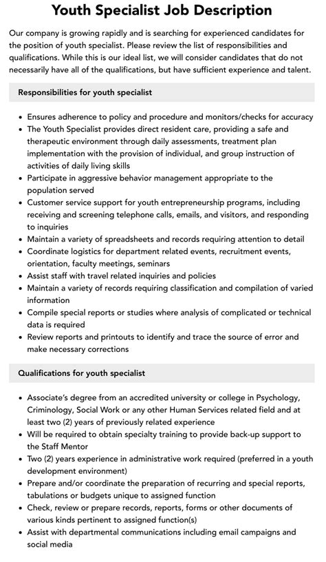 Youth Specialist Job Description Velvet Jobs