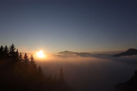 Vista A Rea Del Hermoso Paisaje Monta Oso Con Bosque Y Espesa Niebla Al