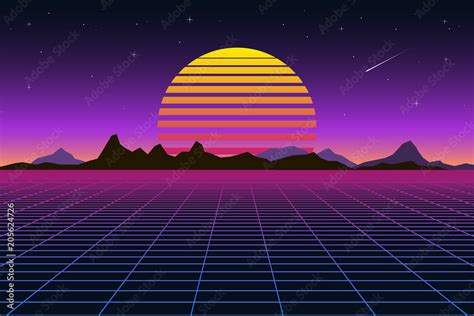 Retro background futuristic landscape 1980s style. Digital retro landscape cyber surface. Retro ...