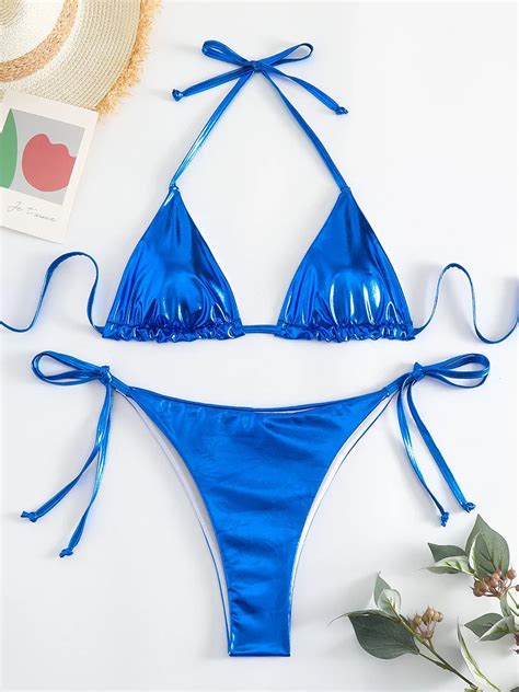 Sexy Metallic Halter Bikinis Sets Lace Up Triangle Tie Side Bikini Swimsuit Women Swimwear