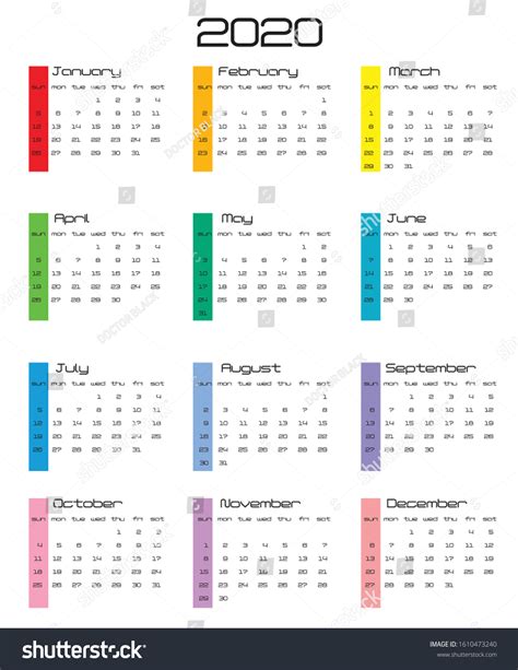 Calendar Grid 2020 Year Pocket Calender Stock Vector Royalty Free