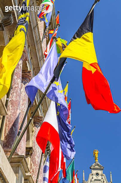 European Countries Flags On Facade Of Antwerp City Hall Stadhuis