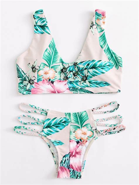 Braided Ladder Strap Detail Tropical Bikini Setfor Women Romwe