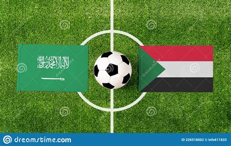 Top View Soccer Ball With Saudi Arabia Vs Sudan Flags Match On Green