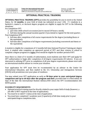 Fillable Online Www20 Csueastbay OPTIONAL PRACTICAL TRAINING