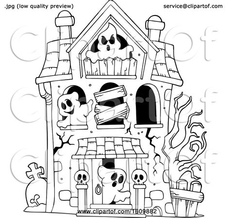 Clipart of a Black and White Haunted House with Ghosts - Royalty Free Vector Illustration by ...