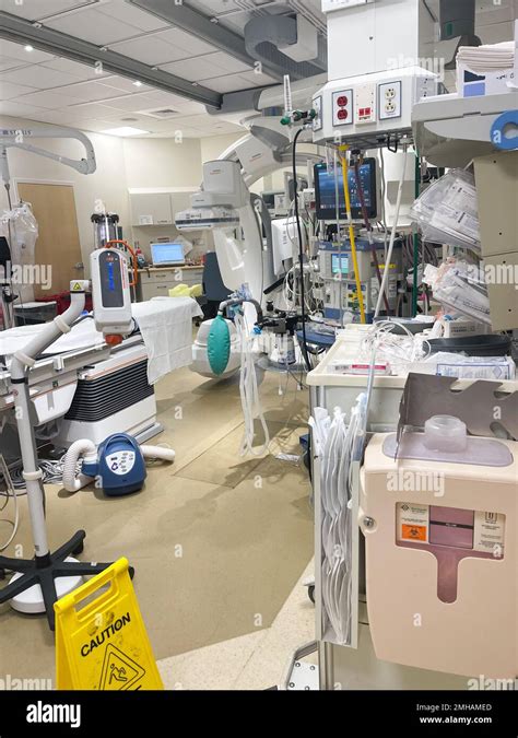 Hospital Setting Operating Room Hallway Hospital Bed And Machines Stock